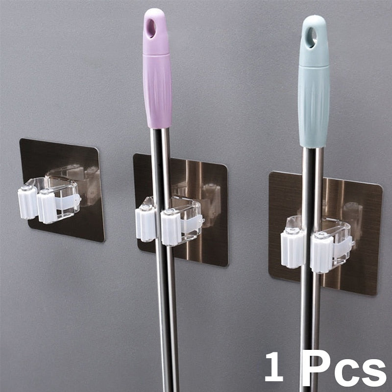 1pcs Punch-free Mop Holder Bathroom Shelf Wall-Mounted Mop Broom Hanger Self Adhesive Hooks Bathroom Storage Home Accessories