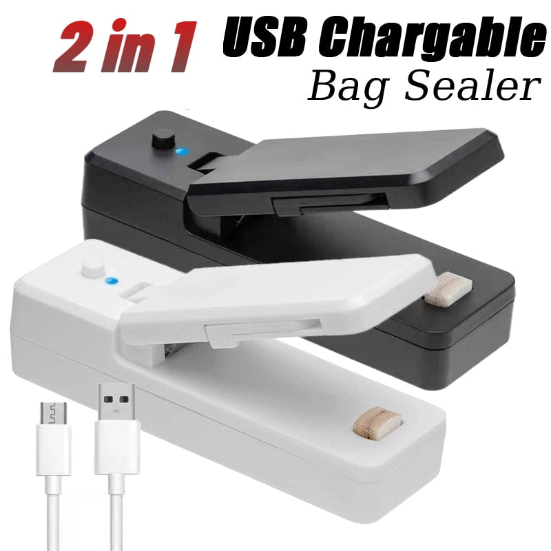 2 IN 1 USB Chargable Mini Bag Sealer Heat Sealers With Cutter Knife Rechargeable Portable Sealer For Plastic Bag Food Storage